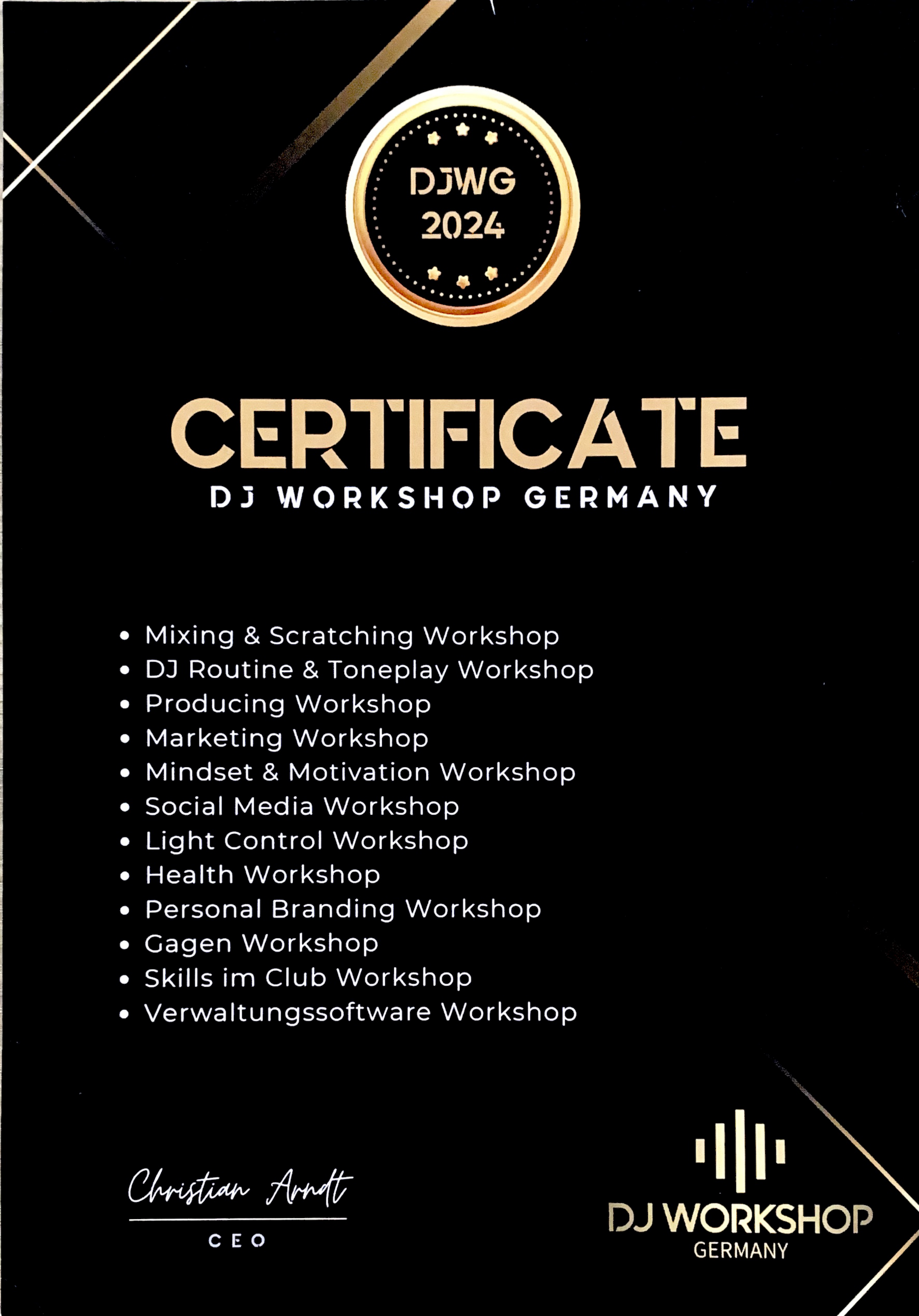Certificate DJ Workshop Germany 2024 fuer Tony Loetzke