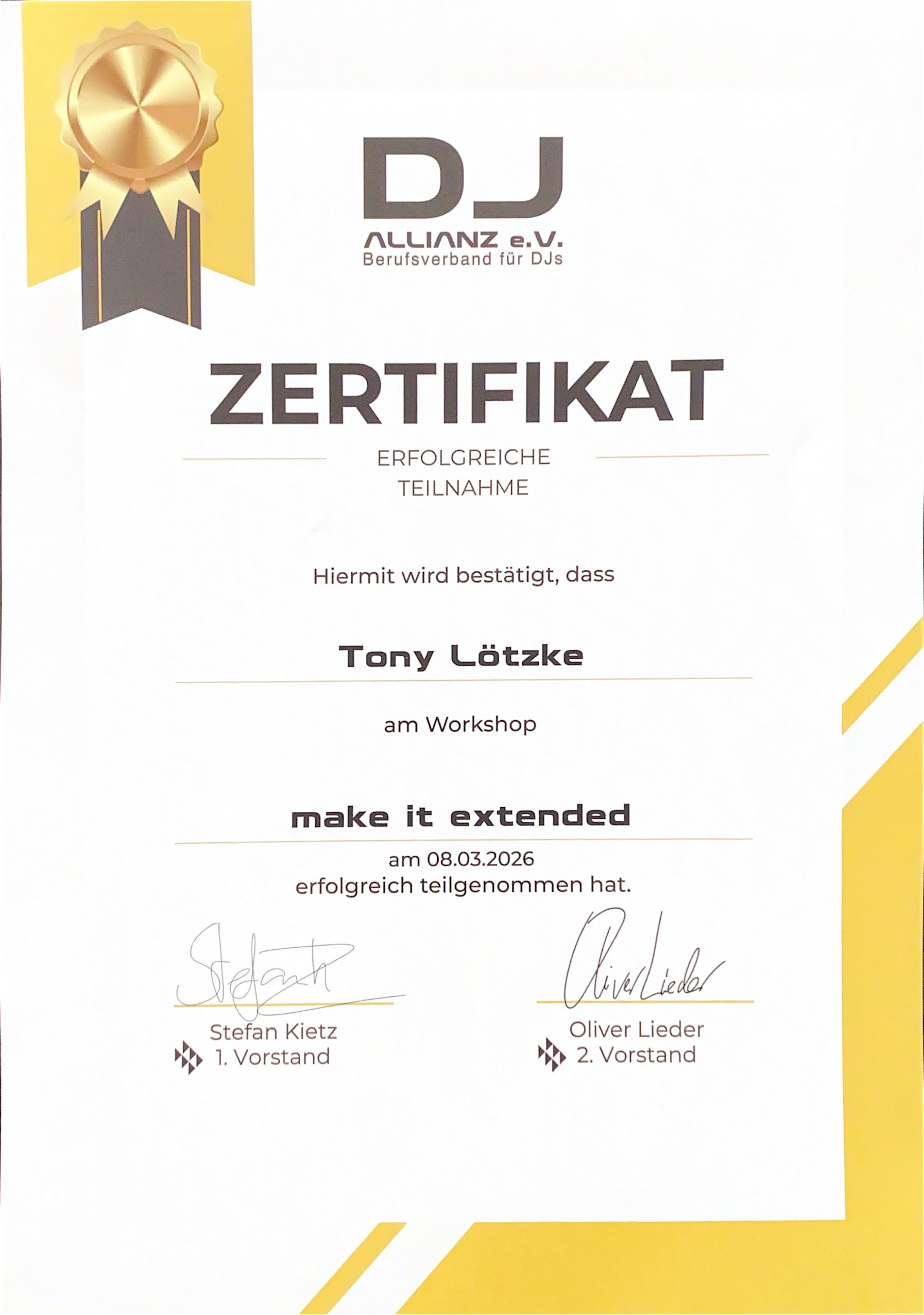 Zertifikat DJ ALLIANZ e.V. fuer Tony Loetzke - Workshop make it extended