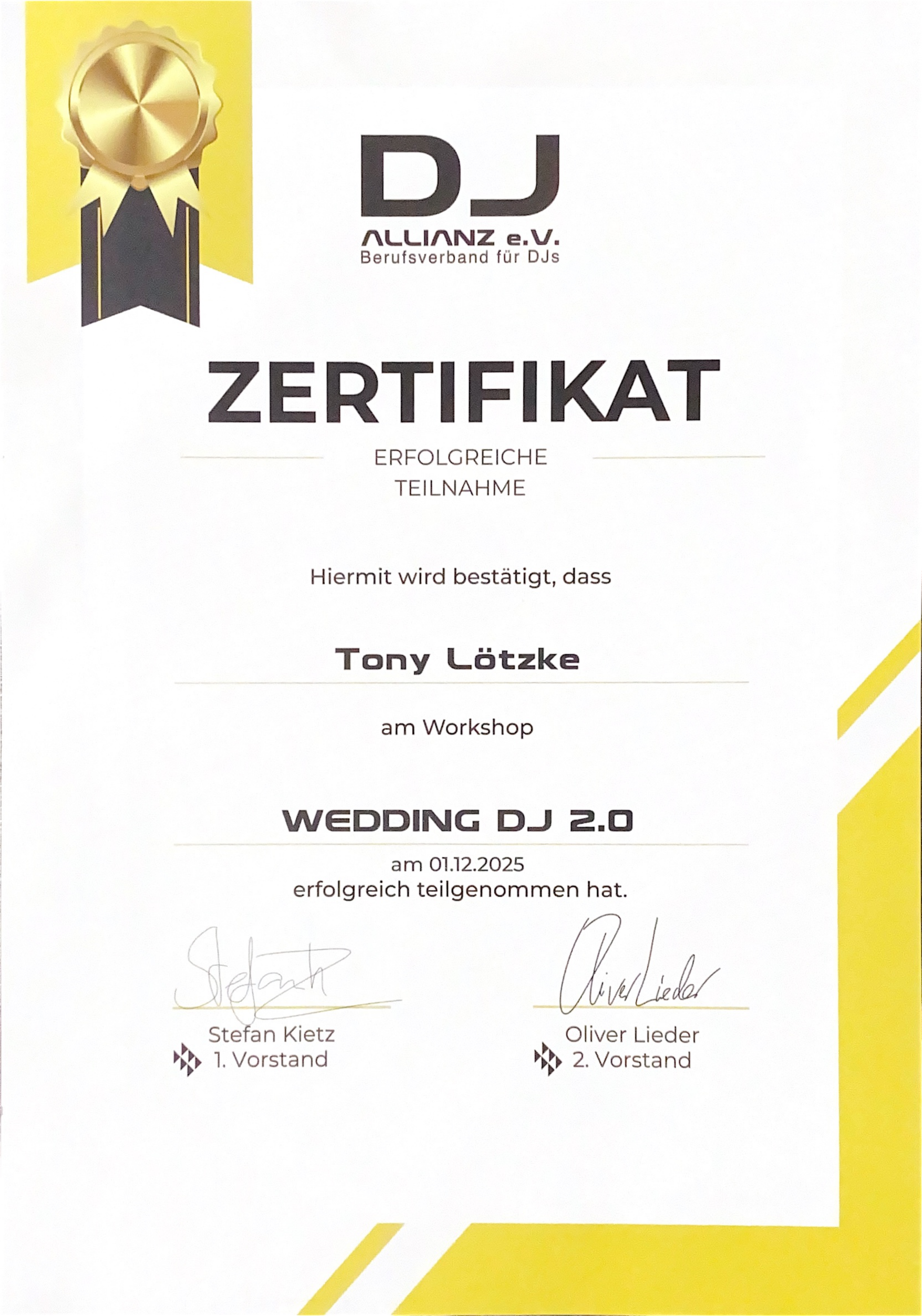 Zertifikat DJ ALLIANZ e.V. fuer Tony Loetzke - Workshop Wedding DJ 2.0