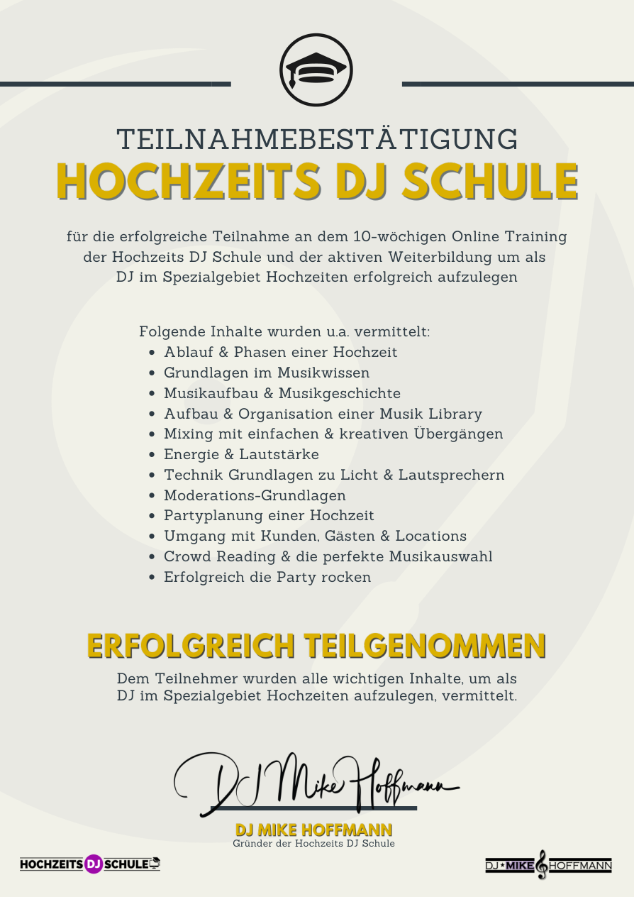 Teilnahmebestaetigung der Hochzeits DJ Schule fuer Tony Loetzke - DJ Mike Hoffmann